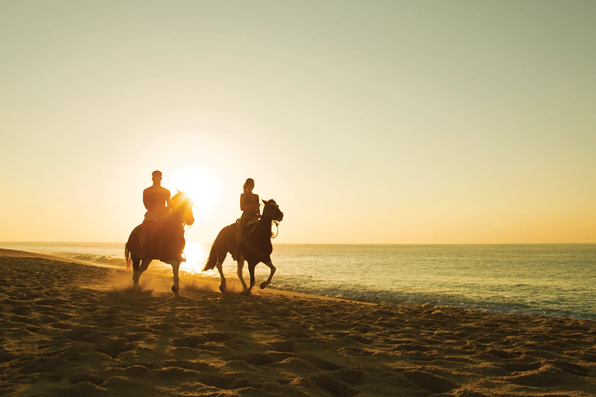 Couple horseback riding along the beach at sunset in Los Cabos near Dreams Los Cabos Suites Golf Resort & Spa.