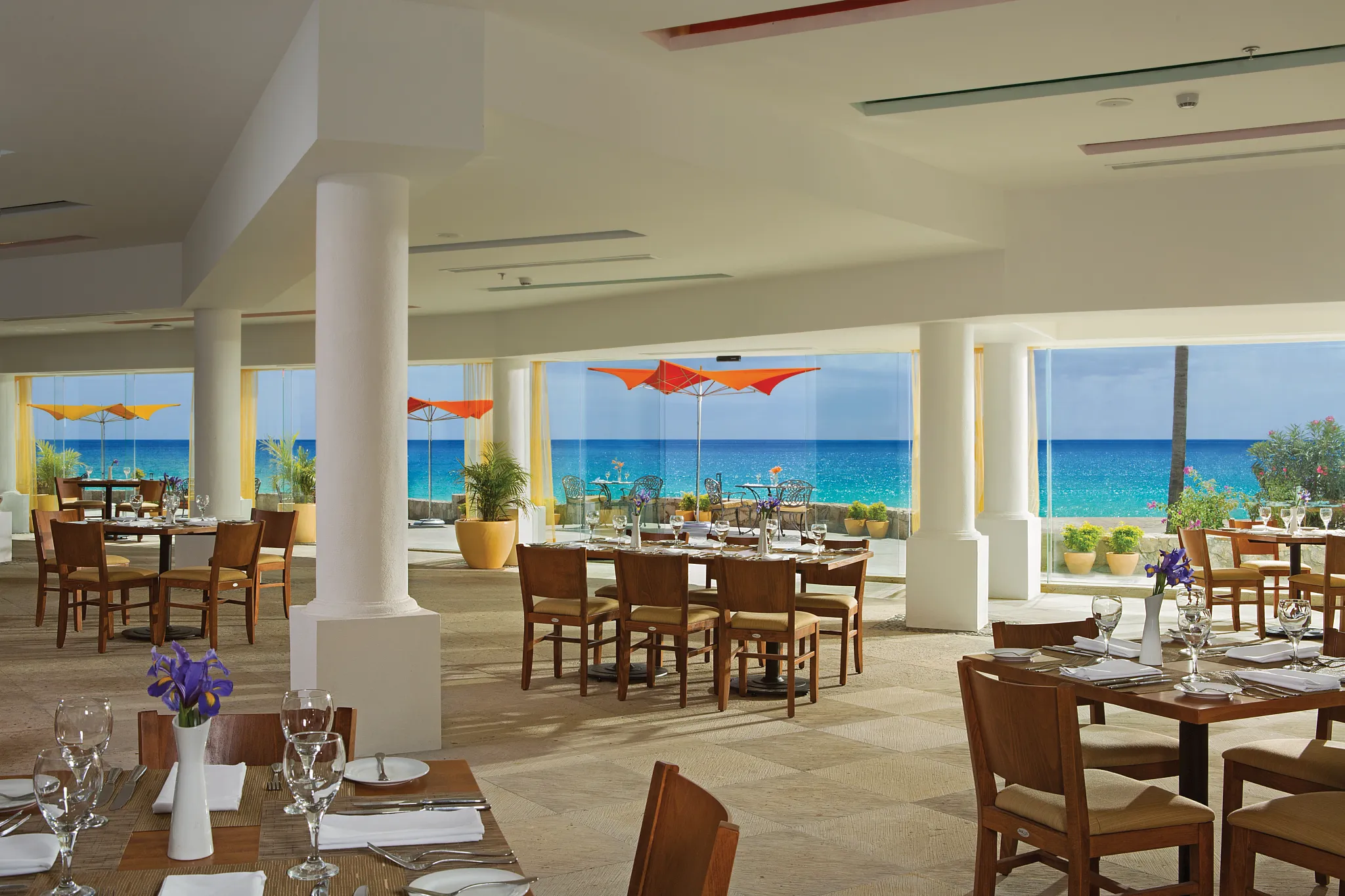 World Café buffet restaurant at Dreams Los Cabos Suites Golf Resort & Spa featuring ocean-view dining with international cuisine and bright open seating.